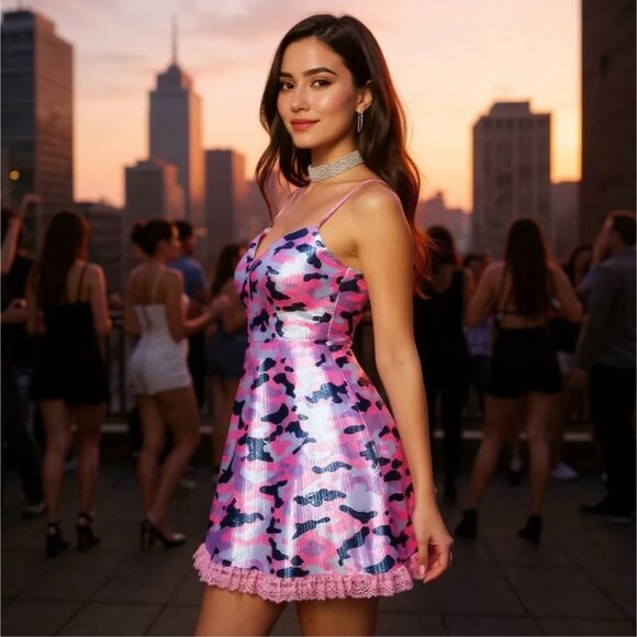 Snowflake Cadet Camo Sequin Mini Dress w/ Pink Lace Trim by Sugar Thrillz S - Picture 4 of 6